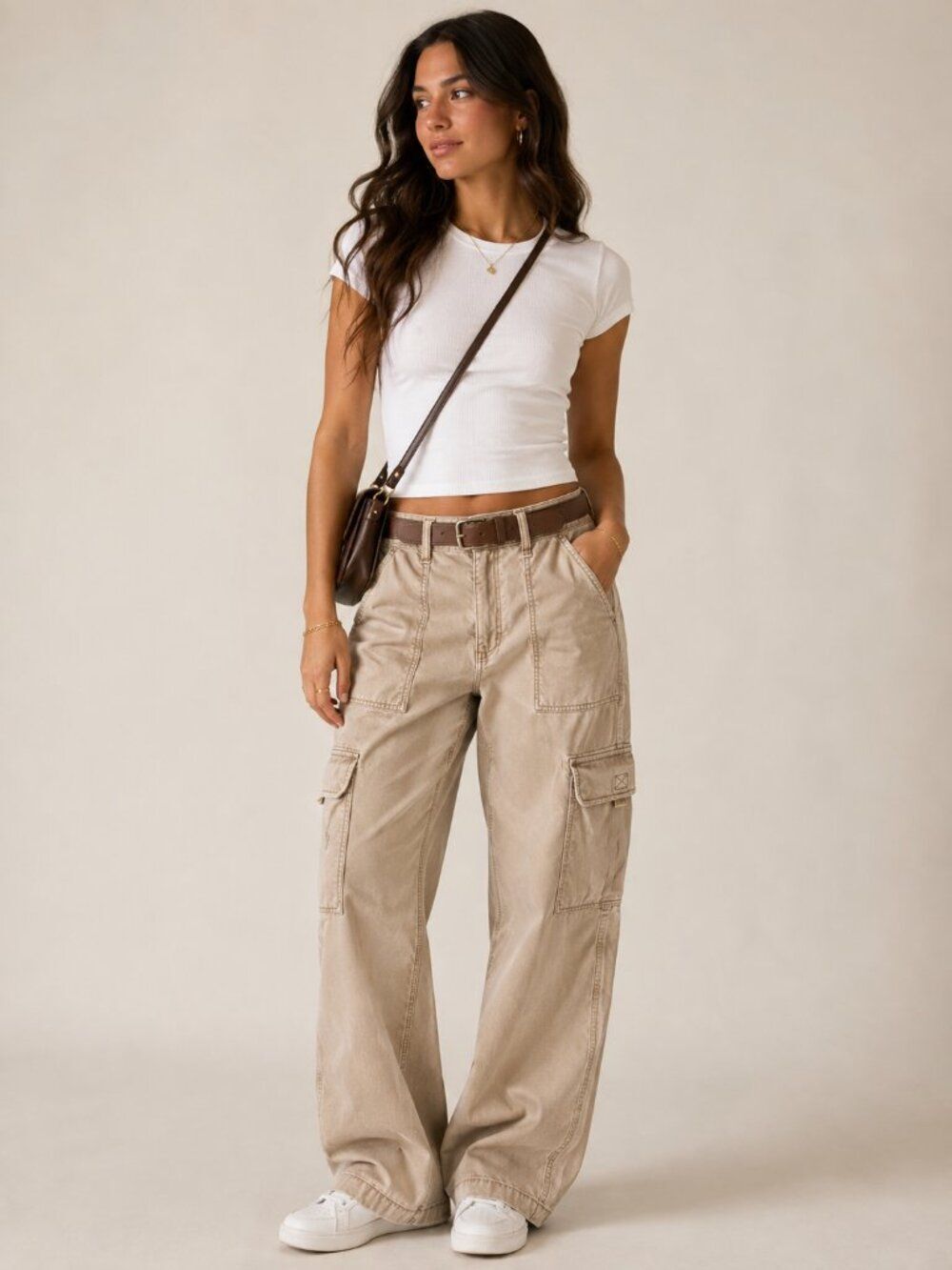 American Eagle Y2K Khaki Utility Cargo Pants Beige Wide Leg Granola Size 6